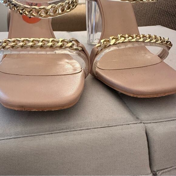 Bisou Bisou Gold Chain Clear Tan Open Toe Heeled Sandals Womens 11 Sexy Party - Picture 9 of 9
